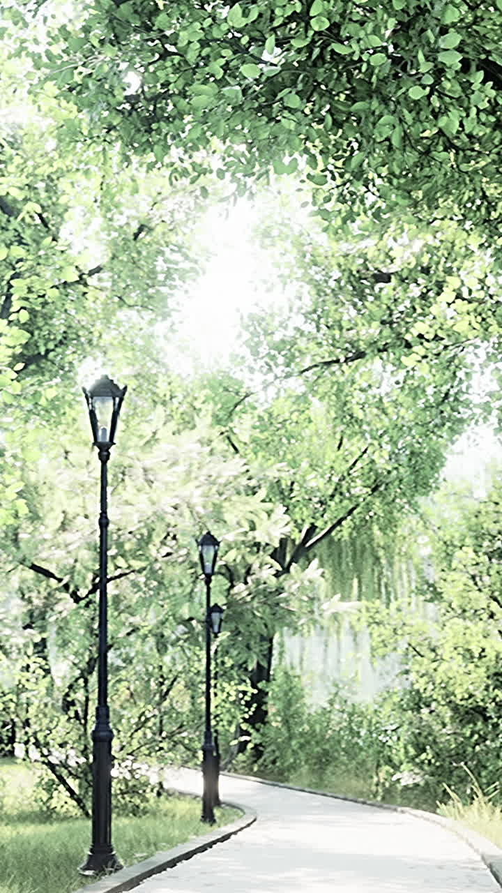 거리 램프 를 가진 푸른 공원 을 가로질러 가는 길