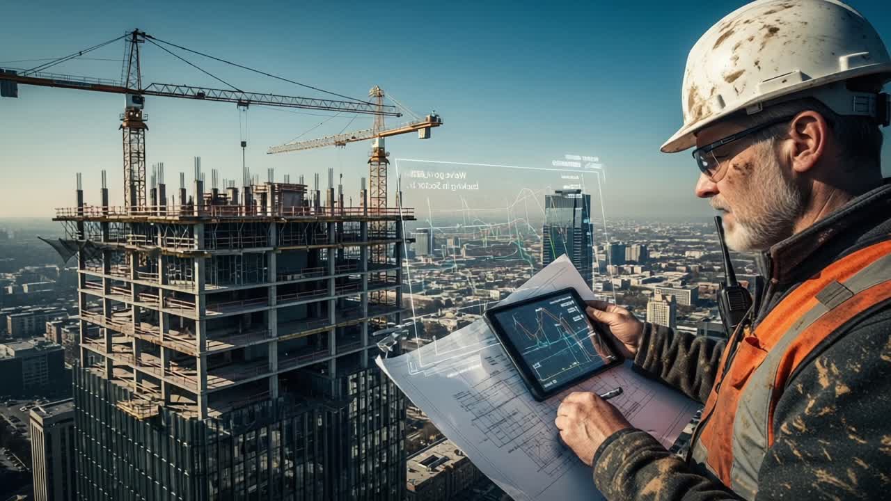 Construction Manager Overseeing Skyscraper Development Using Digital Plans and Tools on a Bright Day with Cranes in the Background