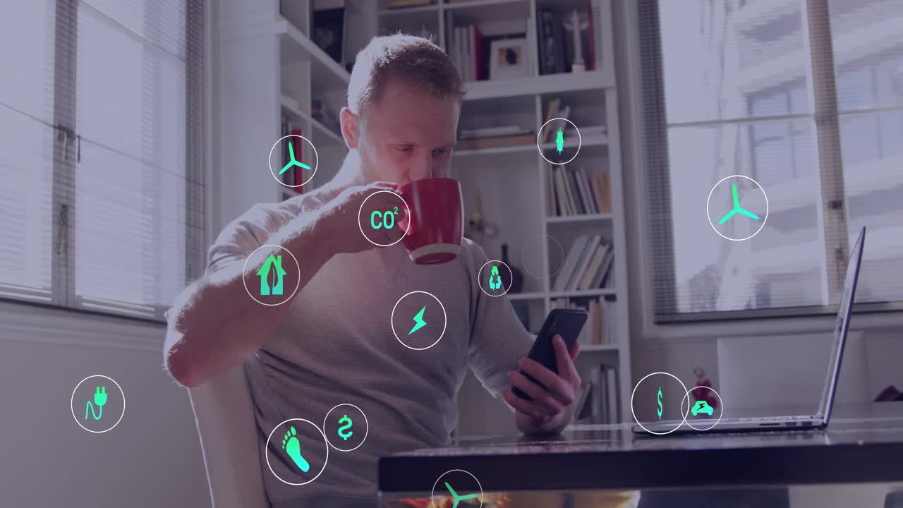 Man holding coffee mug scrolling smartphone viewing energy icons swirling then fading