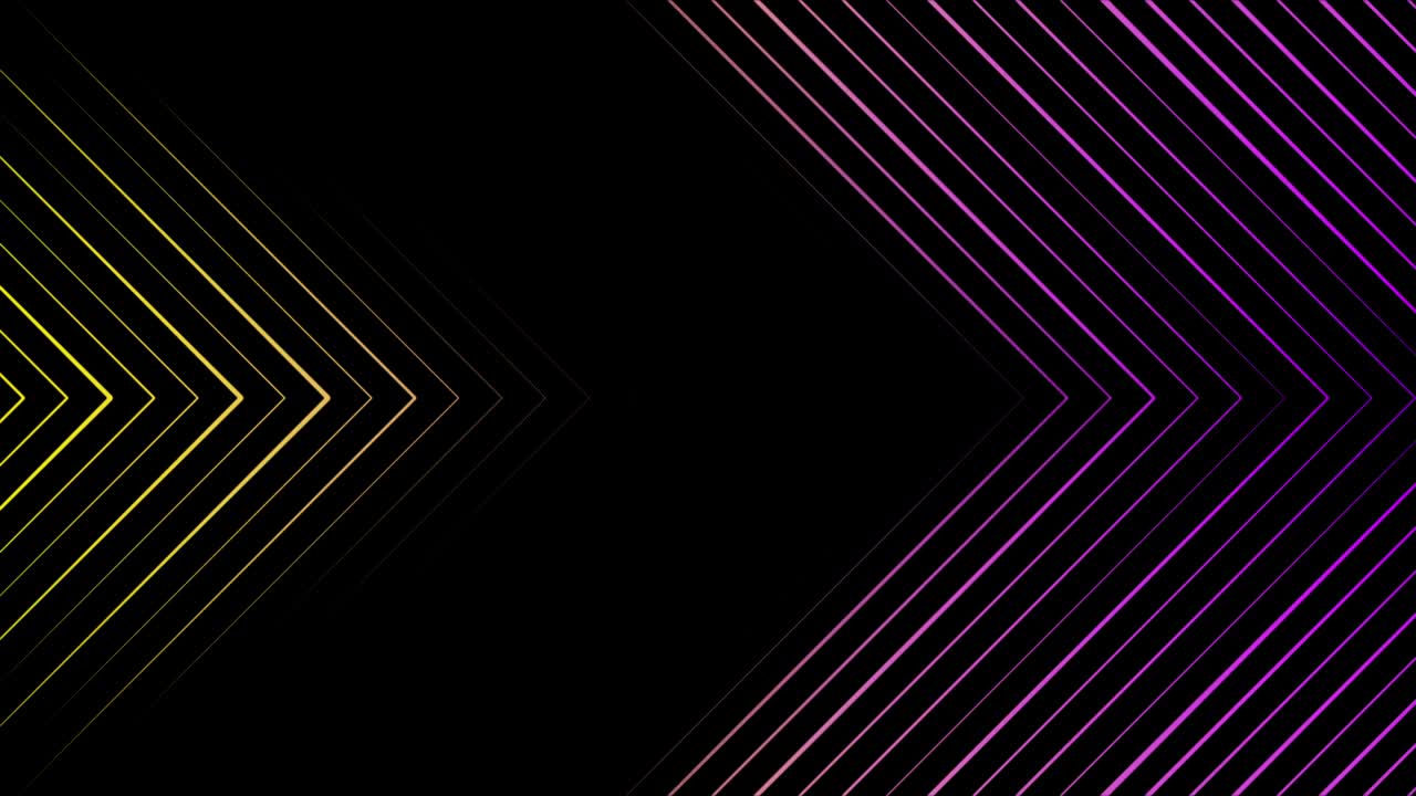 animación abstracta de punteros multicolores que consisten en triángulos de neón que se mueven hacia la derecha en el fondo negro. animación. formas y líneas geométricas multicolores de neón
