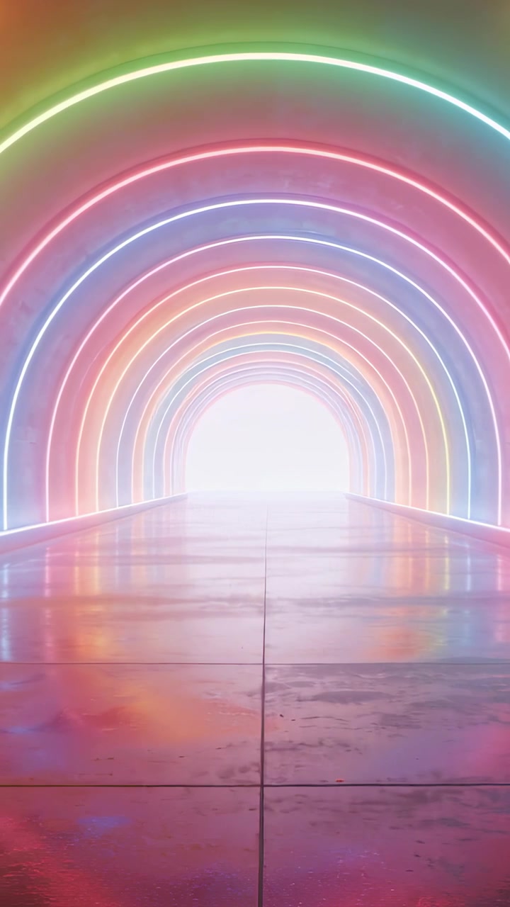 Vertical video: Neon pulsing, rainbow tunnel drawing camera at exhibit, tiled floor glowing white