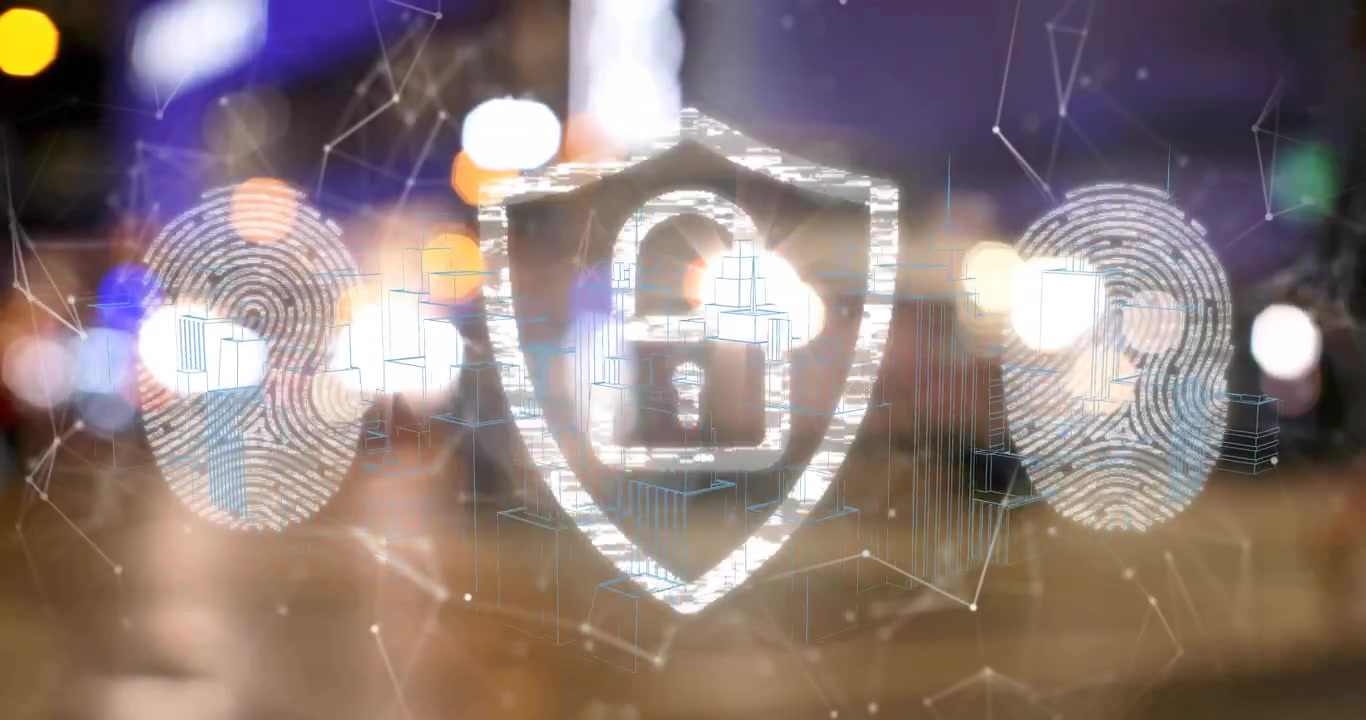 Node lines causing data points spinning into sphere forming shield lock with fingerprints to secure