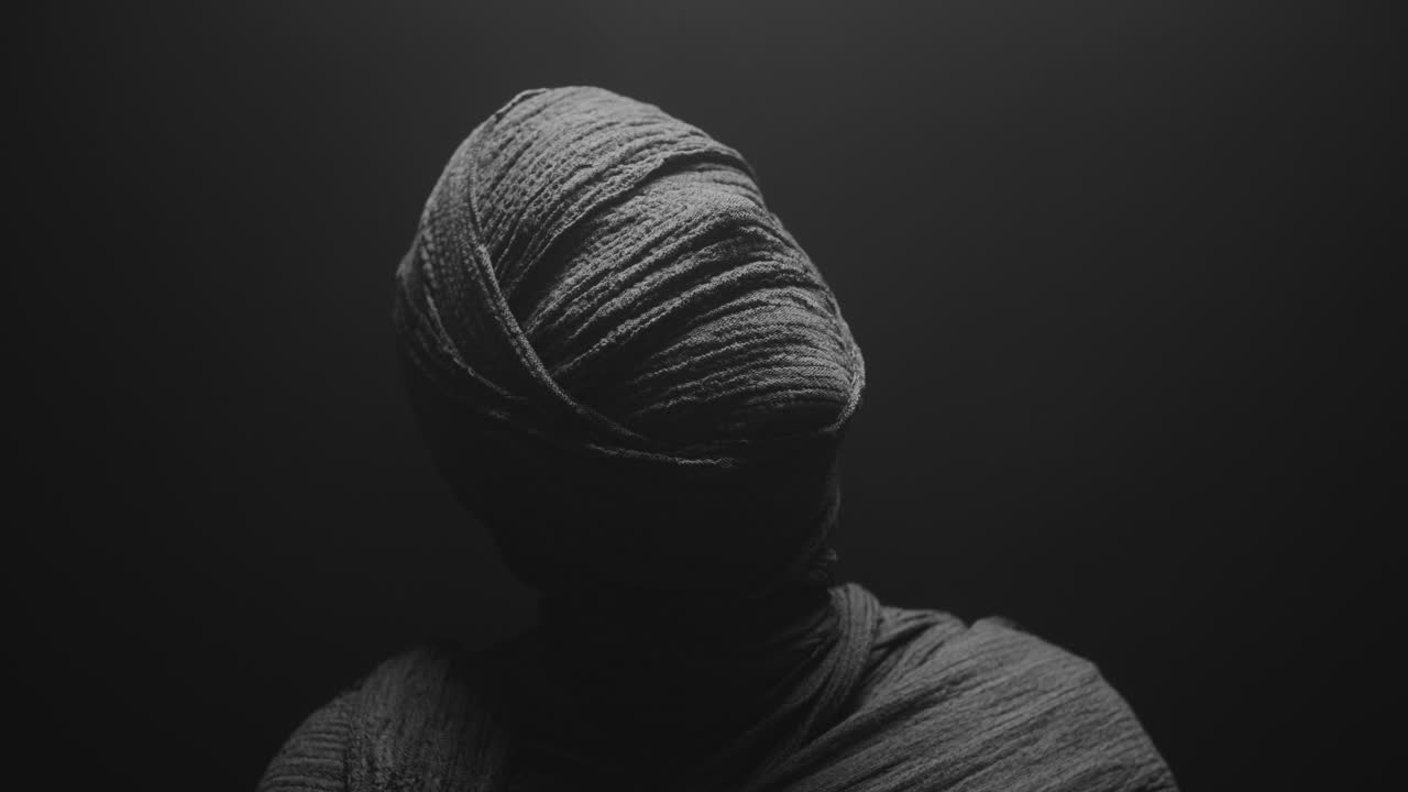 A mummy of a woman on a dark backdrop rises her head