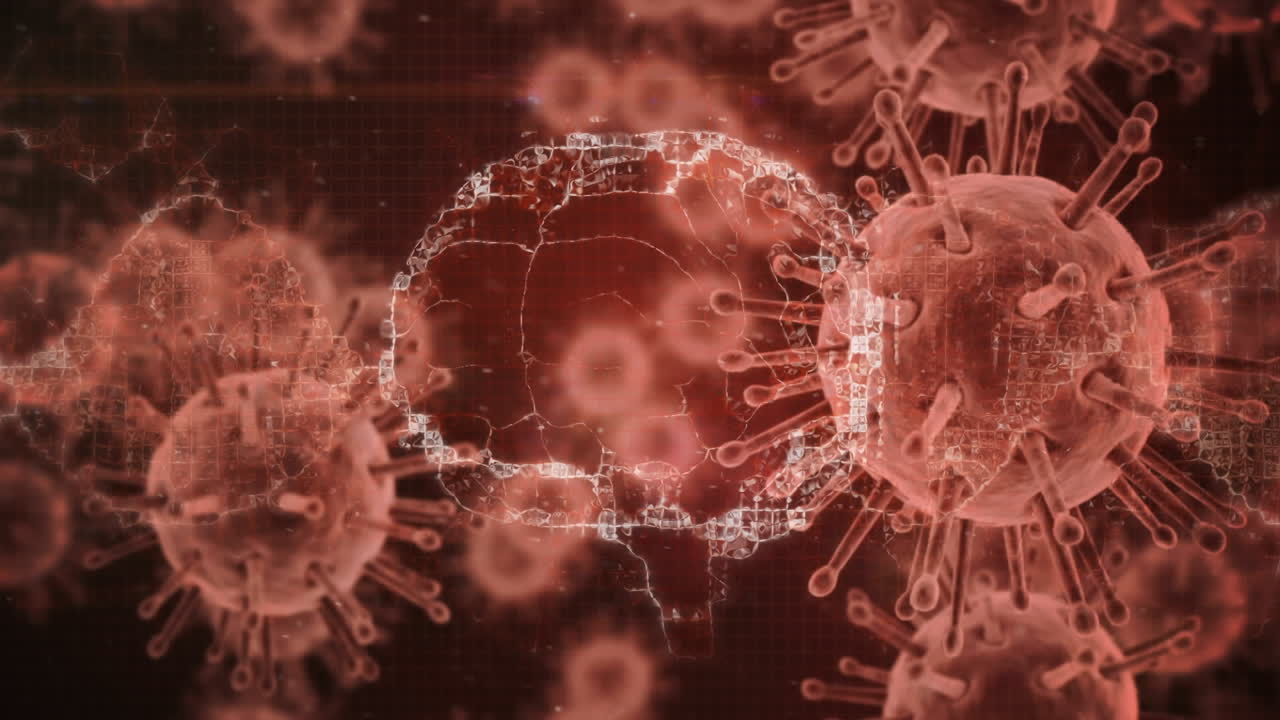 animación del cerebro humano girando sobre las células de covid 19 flotando