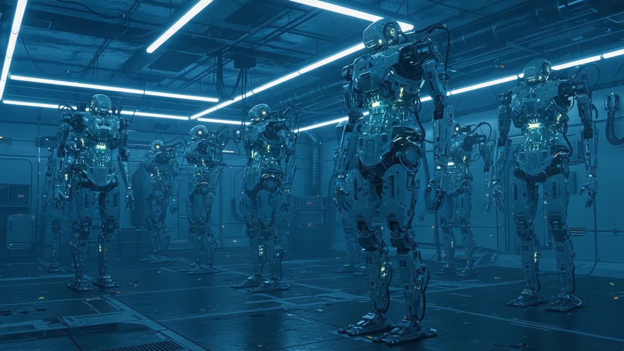 A Showcase of Futuristic Androids: A New Generation of Robotic Technology in a High-Tech Environment, Displaying Advanced Design and Sophisticated Functionality in Dimly Lit Settings