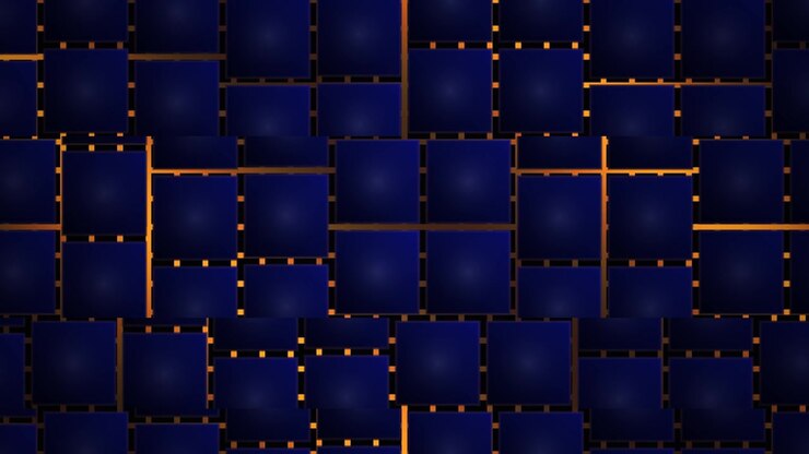 Abstract Background of Moving Dark Blue Squares with Glowing Orange Light