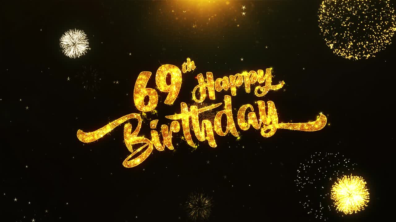 Tarjeta de felicitación y deseos para el 69 cumpleaños con texto hecho de partículas de brillo de fuegos artificiales dorados