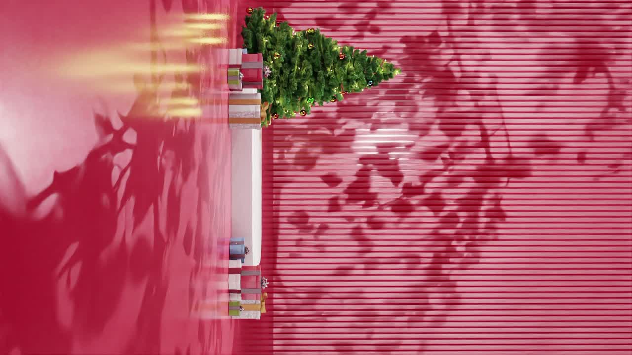 빨간 바탕 에 녹색 바닥 에 장식물 과 포장 된 선물 이 있는 크리스마스 트리