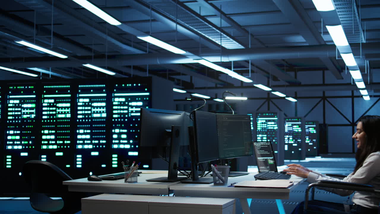 Person with paraplegia in inclusive server hub overseeing data center