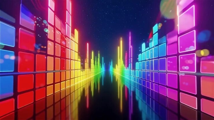 Futuristisk regnbuefarvet neon musik equalizer visualisering baggrund.