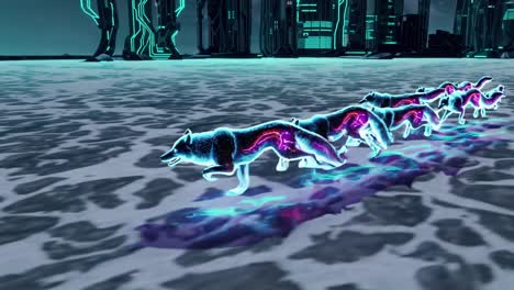 futuristic glowing wolf pack running in cyberpunk city