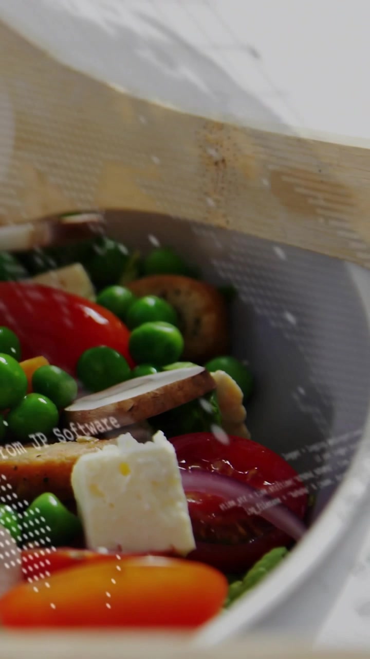 Video verticale: Spatola di legno che entra nell'inquadratura, rivelando l'insalata come sovrapposizione a rete per l'impiattamento.