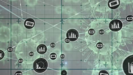 Netzwerk-Digitaler-Symbole-über-Einem-Gitternetzwerk-Vor-Mehreren-Covid-19-Zellen-Auf-Schwarzem-Hintergrund