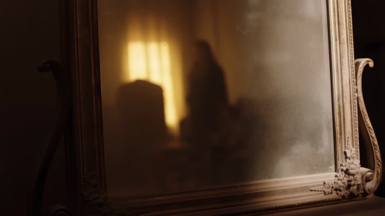 Blurred Reflection of a Person in an Old Ornate Mirror