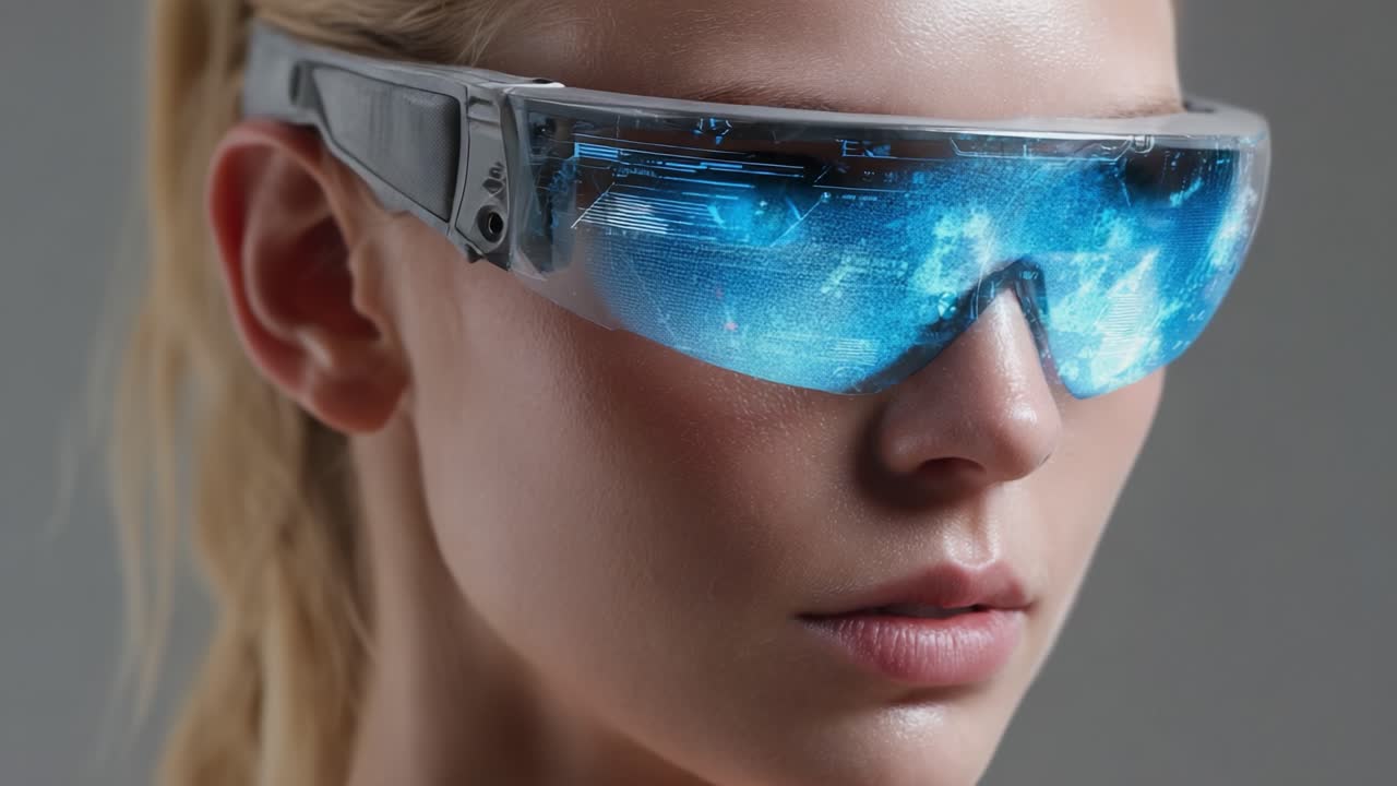 A captivating close-up view of a woman wearing futuristic augmented reality glasses, showcasing cutting-edge technology and an immersive digital display that enhances her vision