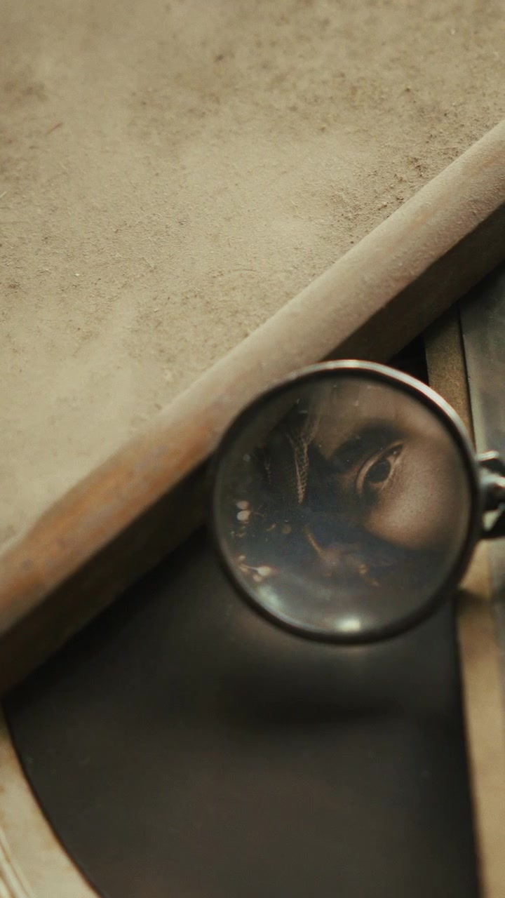 Vertical cinematic macro shot revealing a sepia image enlarged through an antique magnifying glass on an aged diary, evoking mystery, memory, and historical investigation.