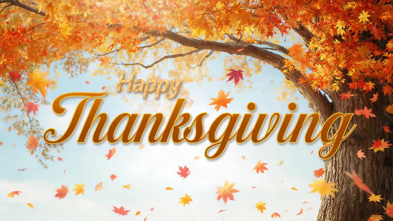 穏やかな風が吹く大きな木の下で、中央に配置された「Happy Thanksgiving」の文字の横を、漂う紅葉が落ちていく様子