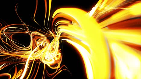 el flujo de partículas forma líneas amarillas rizadas como senderos de luz brillante, las líneas forman un patrón giratorio como ruido de rizado. animación 3d abstracta como fondo festivo creativo brillante. líneas rápidas de luz
