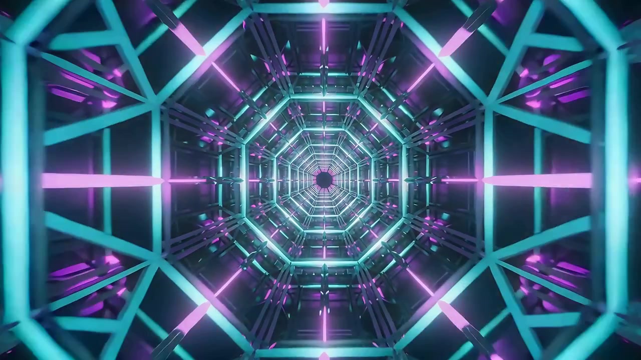 Fremadgående zoom starter, en ottekantet neontunnel bevæger sig gennem metalrammer og afslører et forsvindingspunkt.
