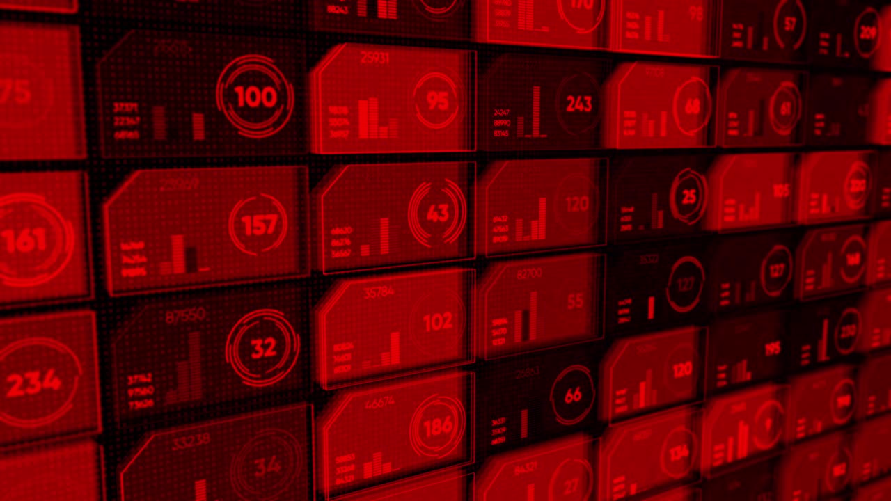 filas rojas abstractas de pequeñas celdas con diferentes números que fluyen lentamente sobre un fondo negro, bucle sin costuras. animación. fondo futurista, concepto de tecnologías cibernéticas