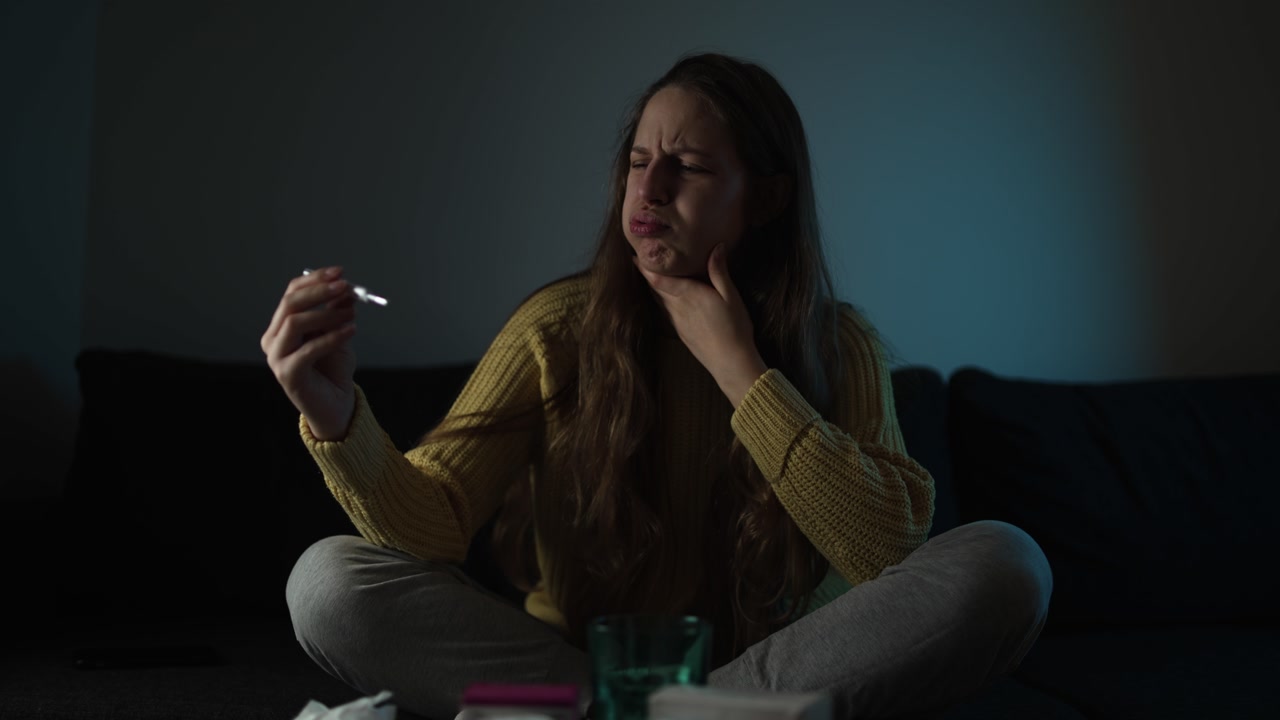 Young woman sitting on sofa at home, coughing and feeling unwell. Concept of flu, cold, seasonal illness, infection, and staying home while sick.