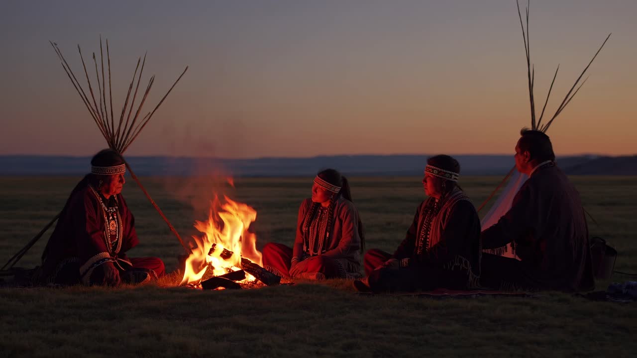 A serene video scene at sunset, featuring a low-angle shot of four people in traditional attire