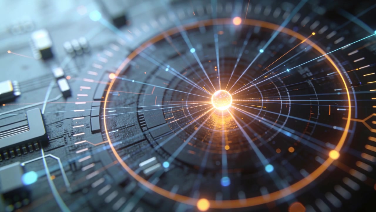 Pulsing central orb emitting beams on PCB at start, lighting rings, moving nodes and signaling flow