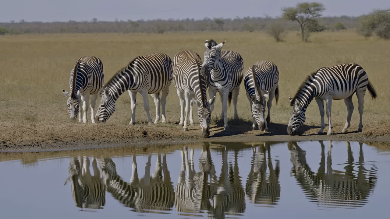 Zebrahjord drikker ved vandhul, savanne-sletter, gruppe af zebraer samles for at drikke med klart spejlbillede