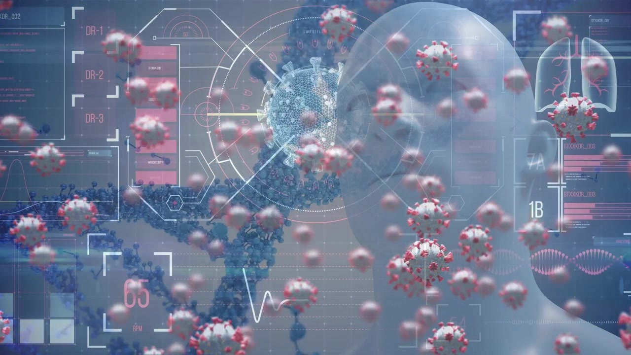 Animation of covid 19 cells and dna strand spinning, data processing over human head