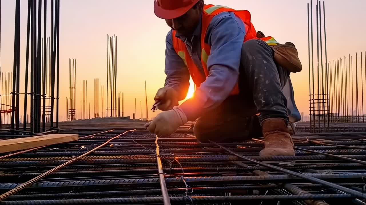 Low-angle video of a construction worker tying rebar at sunset, highlighting hard work