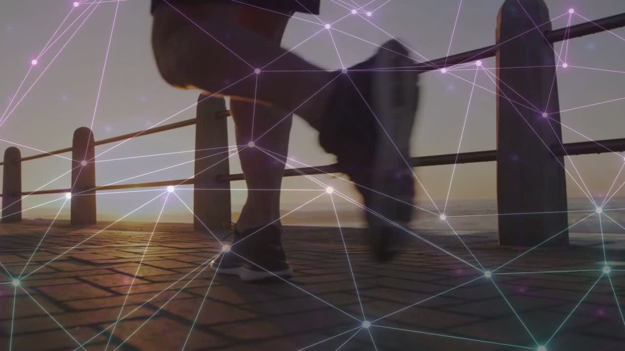 Senior runner entering from right striking pavers revealing form while net nodes tracking fitness