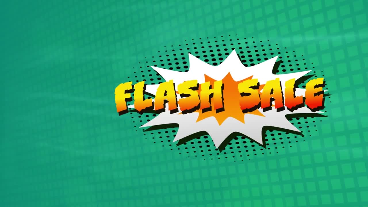 Flash sale text over retro speech bubble against digital waves on square striped green background