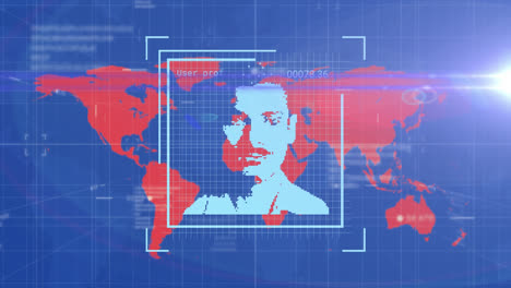 animación de imágenes de perfil y destellos de lentes en lenguaje informático contra un fondo azul