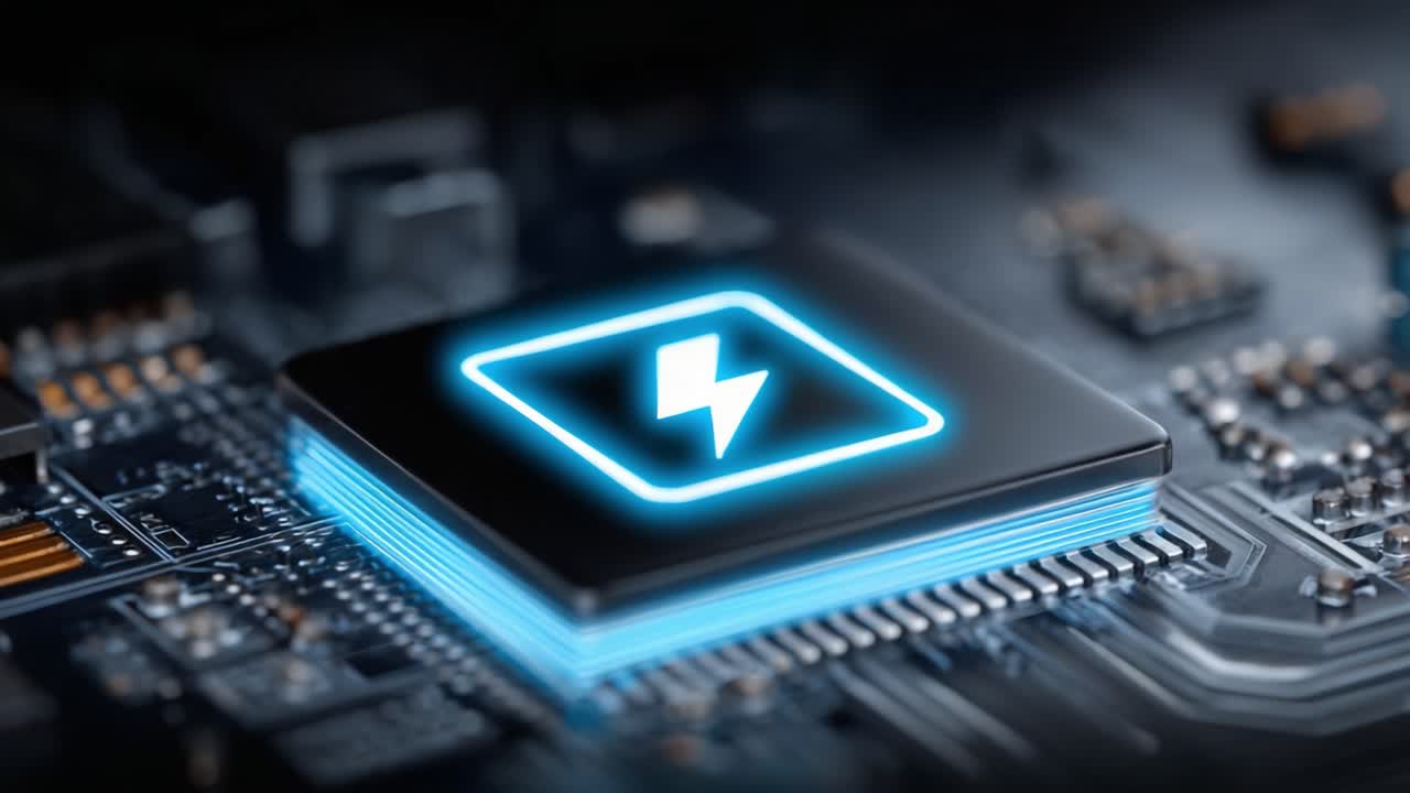 An Innovative Microchip Design with Illuminated Power Symbol Showcases Technological Advancements in Electronics and Power Management Systems
