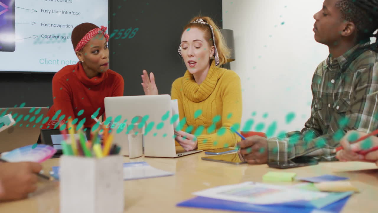 Animation of financial data processing over diverse business people in office