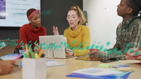 animation of financial data processing over diverse business people in office