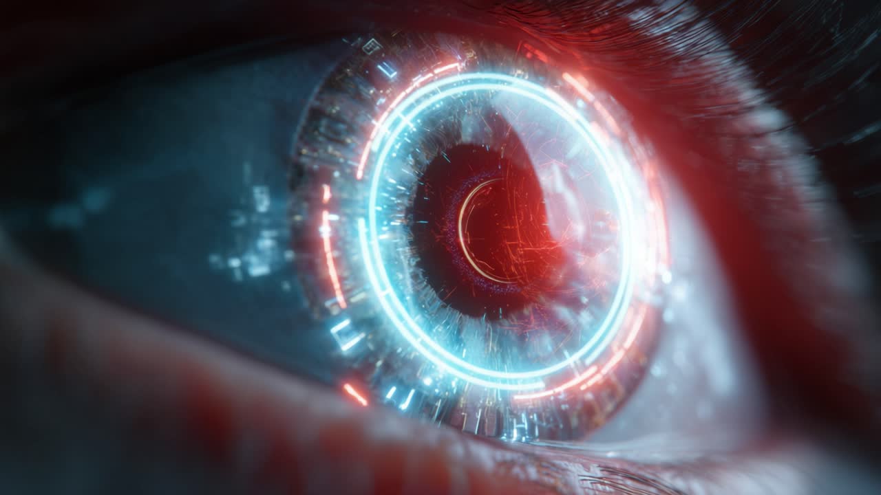 Macro close up of a bionic human eye with glowing digital HUD scanning iris data, AI powered biometric interface merging cybernetics and augmented reality for futuristic security and diagnostics
