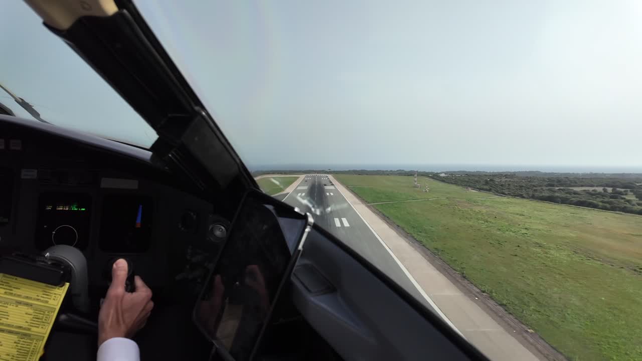 A copilot’s perspective: immersive cockpit view in a real time take-off with severe crosswind. Menorca Island Airport.