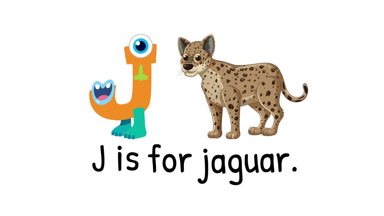 Colorful animation introducing the letter J with a playful jaguar illustration on a white background