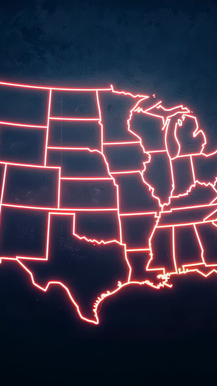 Vertical video: Starting neon pink lines tracing US state borders on backdrop, pulsing showing map