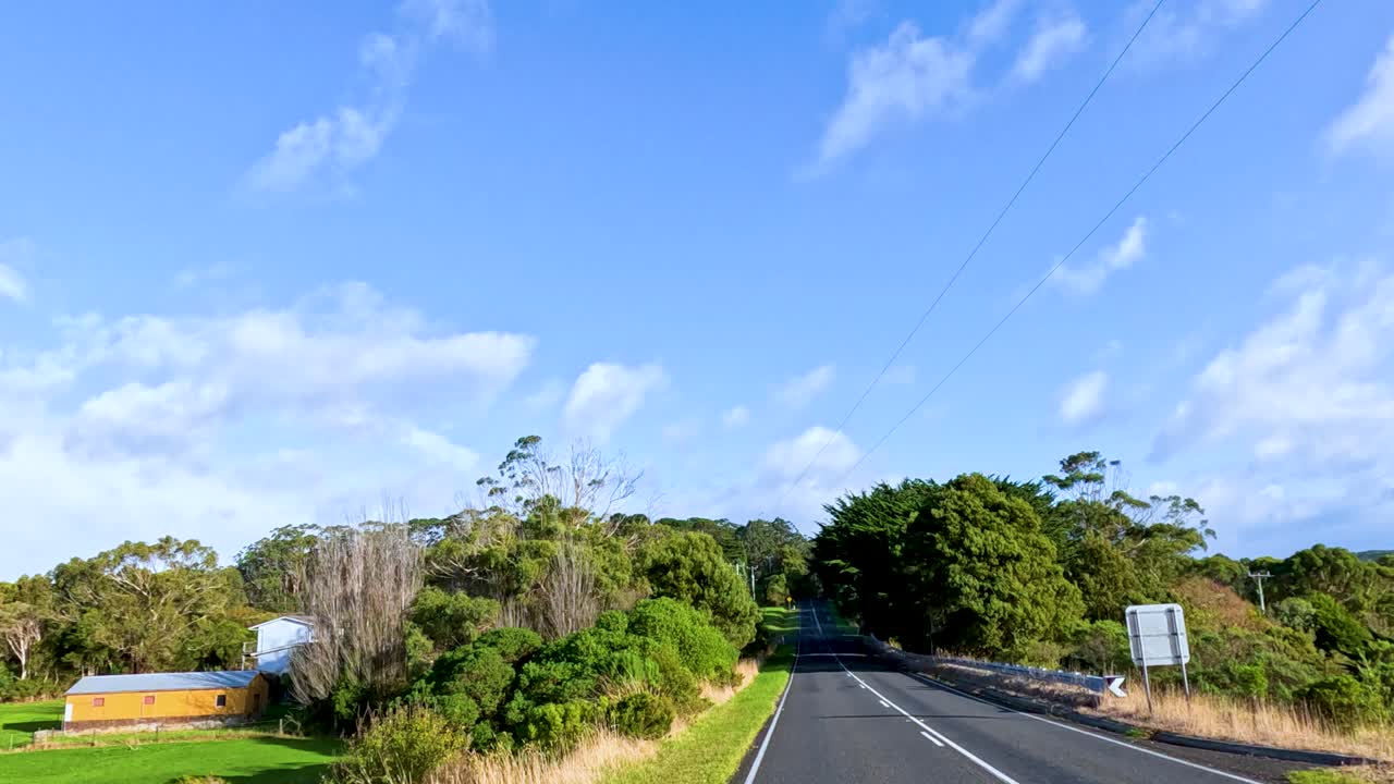 그레이트 오션 로드를 따라 울창한 풍경을 통해 조용한 드라이브, 활기찬 초록색과 은 파란 하늘을 보여줍니다.
