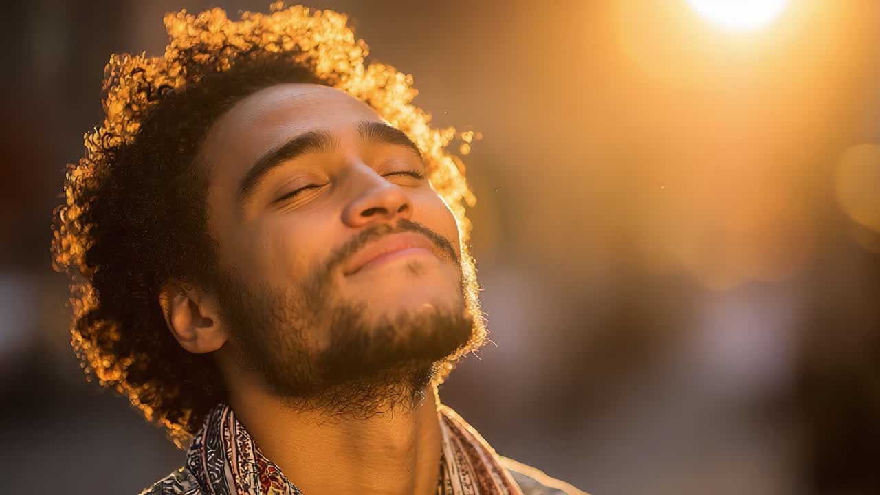 A Moment of Tranquility: A Young Man Embraces the Warmth of Sunset, Finding Peace and Reflection Amidst Nature's Golden Glow in the Evening