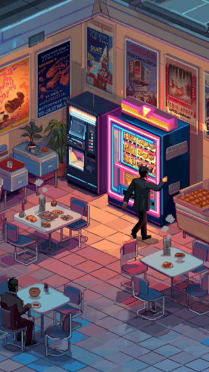 Scena di una tavola calda in pixel art con persone che mangiano e usano un distributore automatico