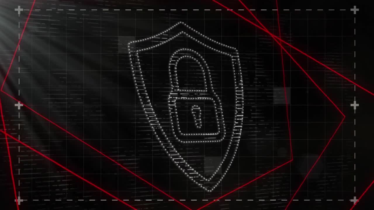 Animation of black digital screen with red lines and digital shield with padlock
