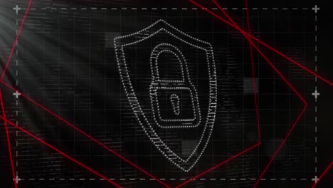 Animation-of-black-digital-screen-with-red-lines-and-digital-shield-with-padlock