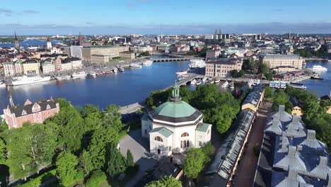 drone fly over event venue to royal palace and riverfront with historic buildings, stockholm