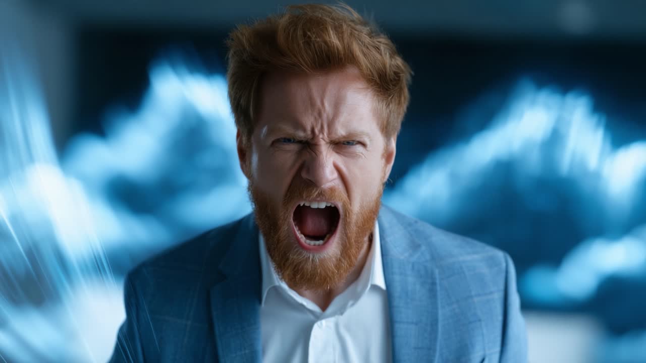 Un uomo in abito esprime un'emozione intensa, urlando con passione su uno sfondo di forme astratte sfocate, catturando un momento intenso di frustrazione o rabbia