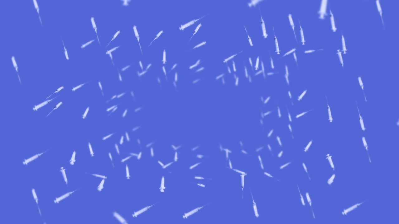 Flying many syringes for injection on blue background. Medical concept. Vaccine against the virus. Healthcare therapy. 3D loop animation.