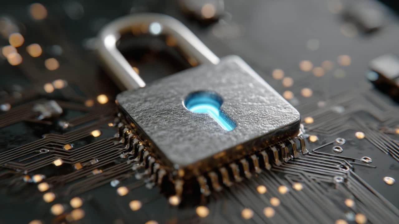 Exploring Cybersecurity: A Detailed View of a Digital Lock Over a Circuit Board, Symbolizing Protection in the Digital Age