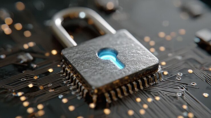 Exploring Cybersecurity: A Detailed View of a Digital Lock Over a Circuit Board, Symbolizing Protection in the Digital Age